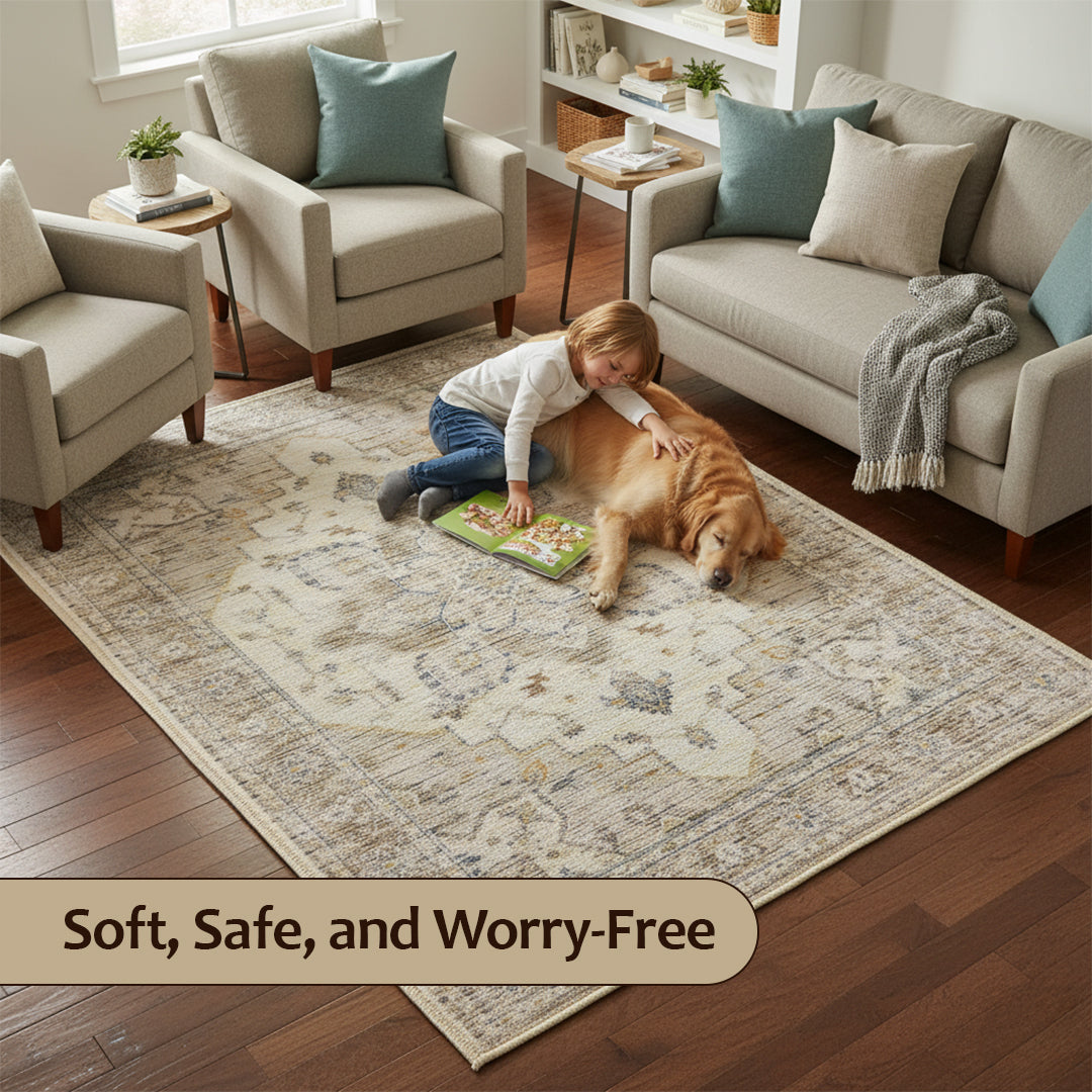 Muddy Mat® Tuscany Washable Area Rugs for Living Room, Bedroom & Dining Room – Modern Soft Low Pile Non Slip Carpet – Pet Friendly Waterproof Foldable Rugs for Home