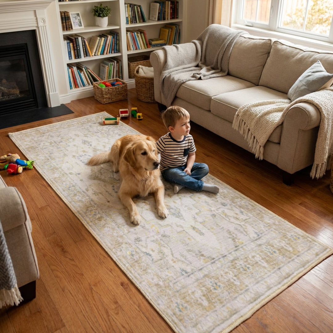 Muddy Mat® Champagne Washable Area Rugs for Living Room, Bedroom & Dining Room – Modern Soft Low Pile Non Slip Carpet – Pet Friendly Waterproof Foldable Rugs for Home