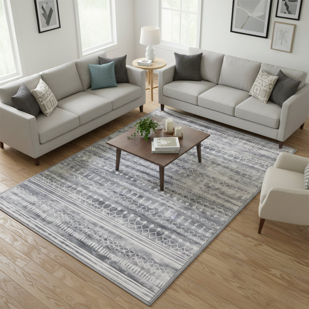 Muddy Mat® Greyline Washable Area Rugs for Living Room, Bedroom & Dining Room – Modern Soft Low Pile Non Slip Carpet – Pet Friendly Waterproof Foldable Rugs for Home