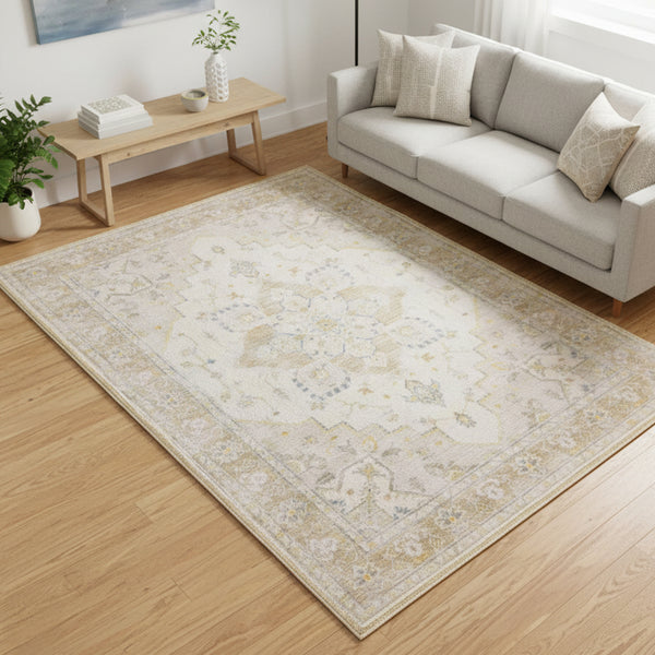 Muddy Mat® Champagne Washable Area Rugs for Living Room, Bedroom & Dining Room – Modern Soft Low Pile Non Slip Carpet – Pet Friendly Waterproof Foldable Rugs for Home