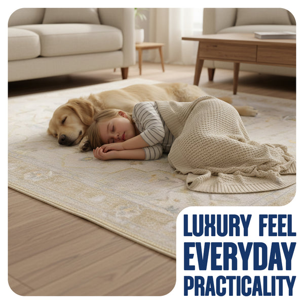 Muddy Mat® Champagne Washable Area Rugs for Living Room, Bedroom & Dining Room – Modern Soft Low Pile Non Slip Carpet – Pet Friendly Waterproof Foldable Rugs for Home