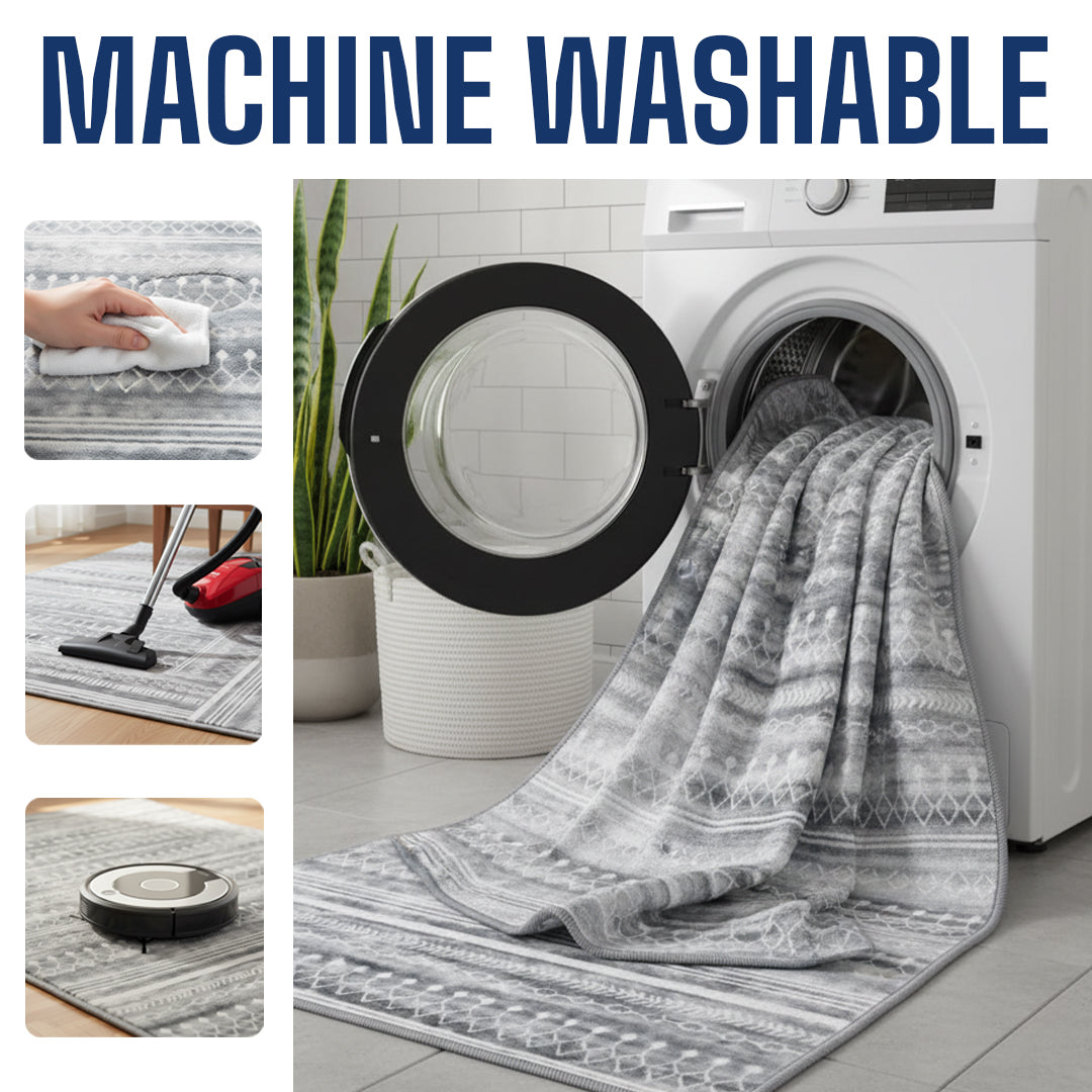 Muddy Mat® Greyline Washable Area Rugs for Living Room, Bedroom & Dining Room – Modern Soft Low Pile Non Slip Carpet – Pet Friendly Waterproof Foldable Rugs for Home